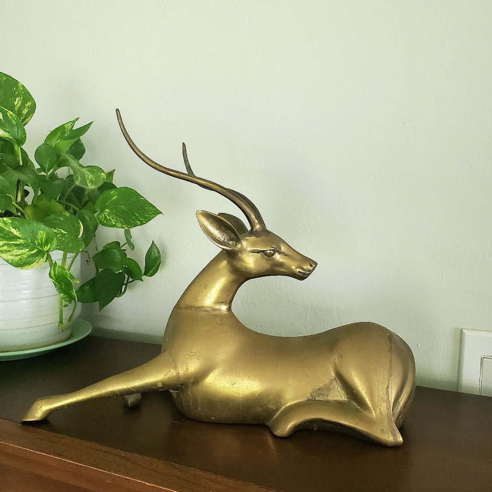 Large Vintage MCM Brass Antelope